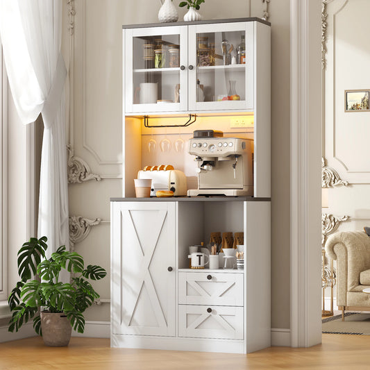 BIGBIGLIFE Kitchen Pantry Cabinet With LED Lights And Microwave Stand