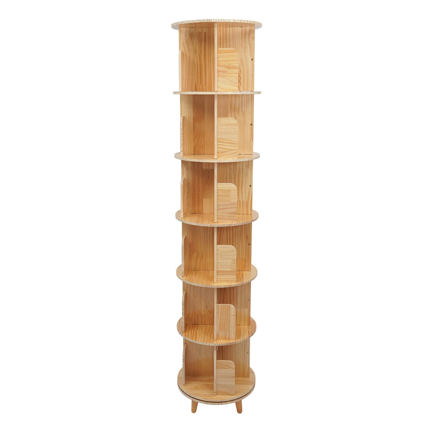 6 Tier Pine Wood Bookshelf 360° Rotating Bookcase Storage with Legs Floor Standing Bookshelf Organizer for Storing Books, Precious Souvenirs, Displays, Miniature Potted Plants, Photo Frames