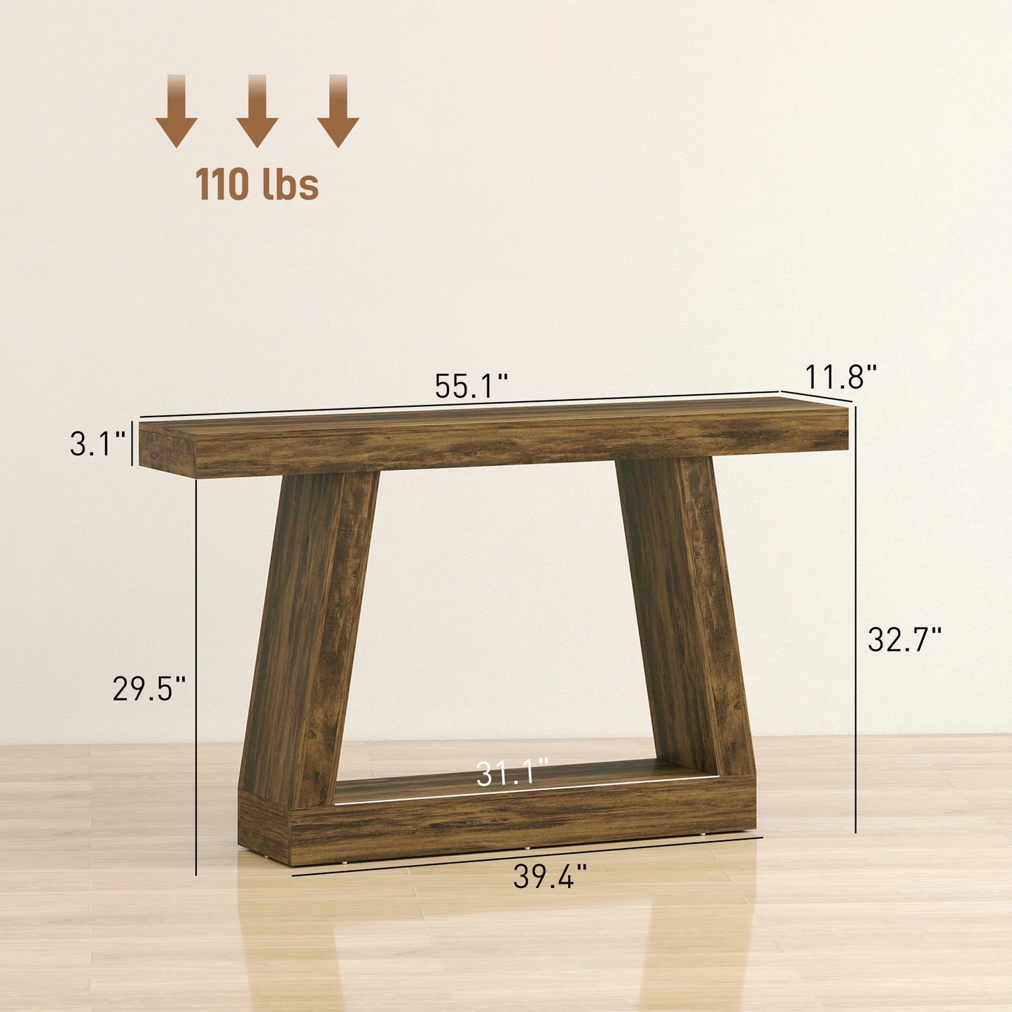 55.1" Narrow Entryway Table, 2-Tier Farmhouse Console Table with Thickened Tabletop, Storage Shelf and Trapezoidal Base for Behind Couch Sofa, Living Room, Hallway, Entrance, Rustic Brown