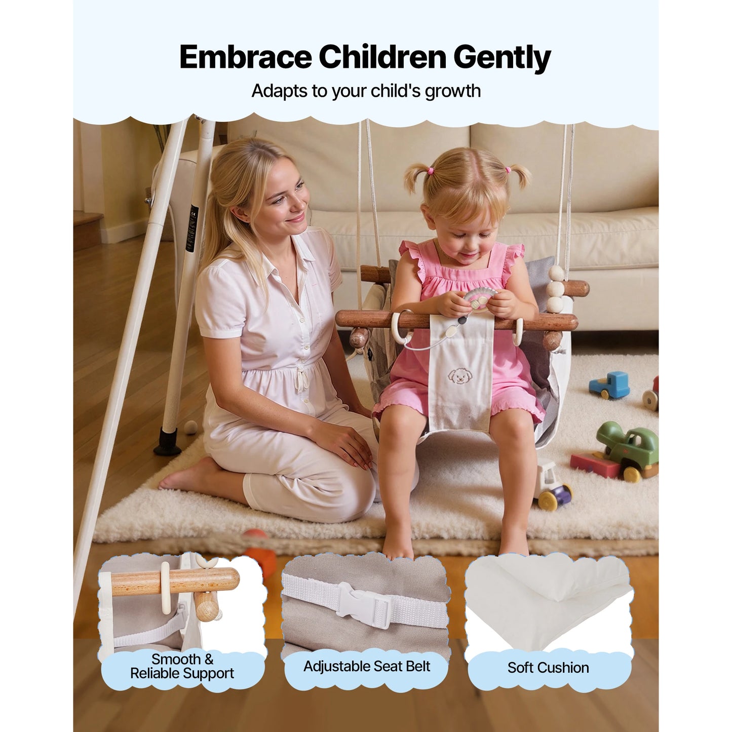 SucceBuy 2-In-1 Toddler Swing&Jumper Soft Foldable A-Frame Metal Stand Heavy Duty Thick Ropes Easy Install Store Indoor/Outdoor