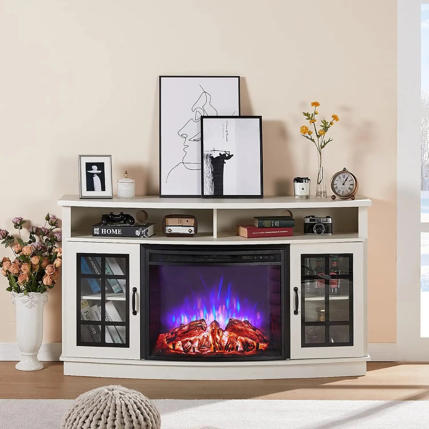 Curved TV Cabinet With Electric Fireplace And Farmhouse Glass Doors