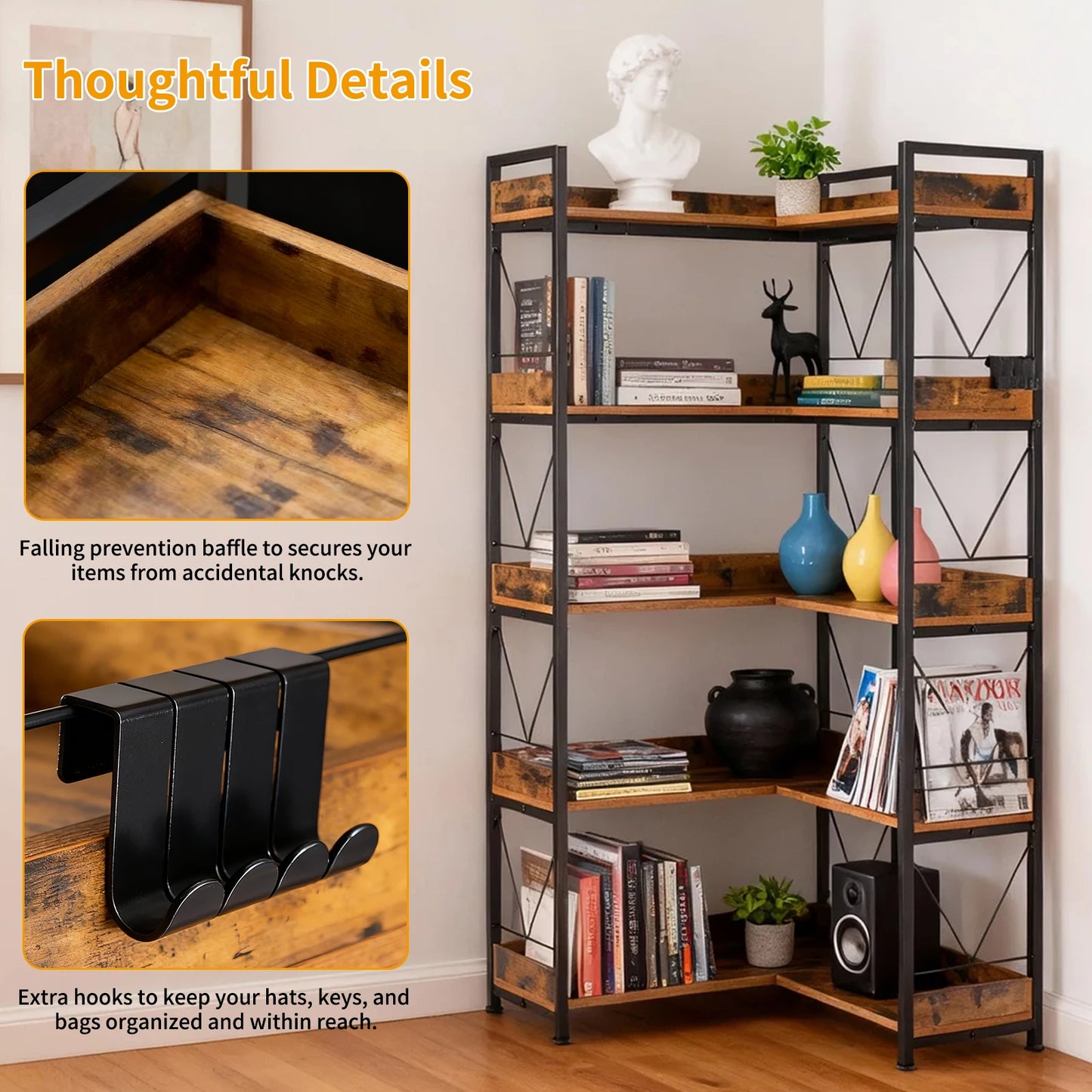 JHK L Shaped 5 Tier Corner Bookshelf 65 inch Bookcase with Hooks and Edge Industrial Pantry Shelves with Metal Frame Wooden Open Storage for Living Room Home Office