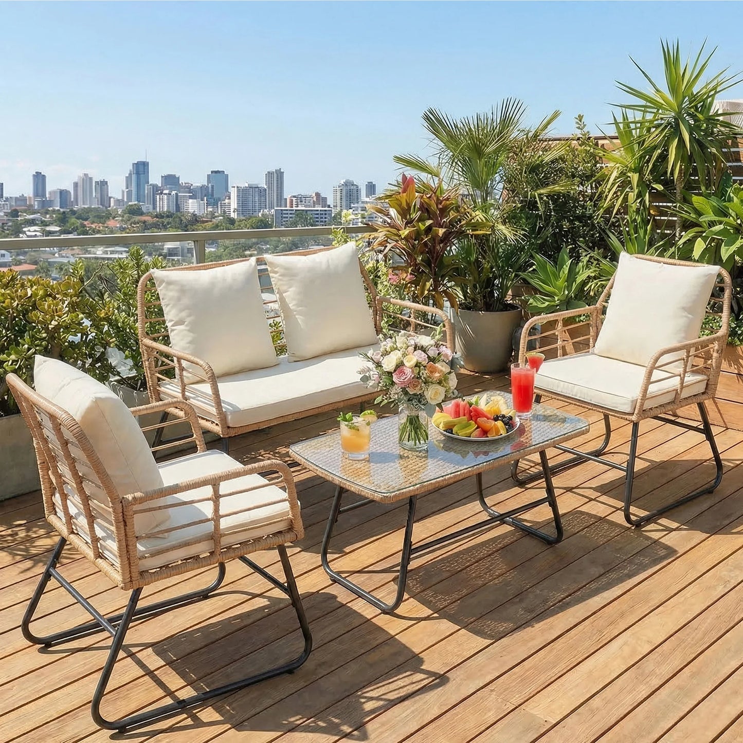 JHK Outdoor Wicker Patio Set With Glass Table Cushions