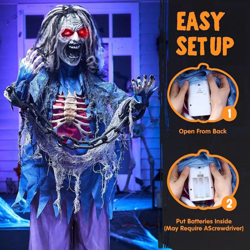 68" Zombie Halloween Decorations Standing Zombie Halloween Animatronics Decor with Chain, Life Size Ghost with Light-up Eyes and Creepy Sound, Animated Halloween Props for Haunted House Patio Yard