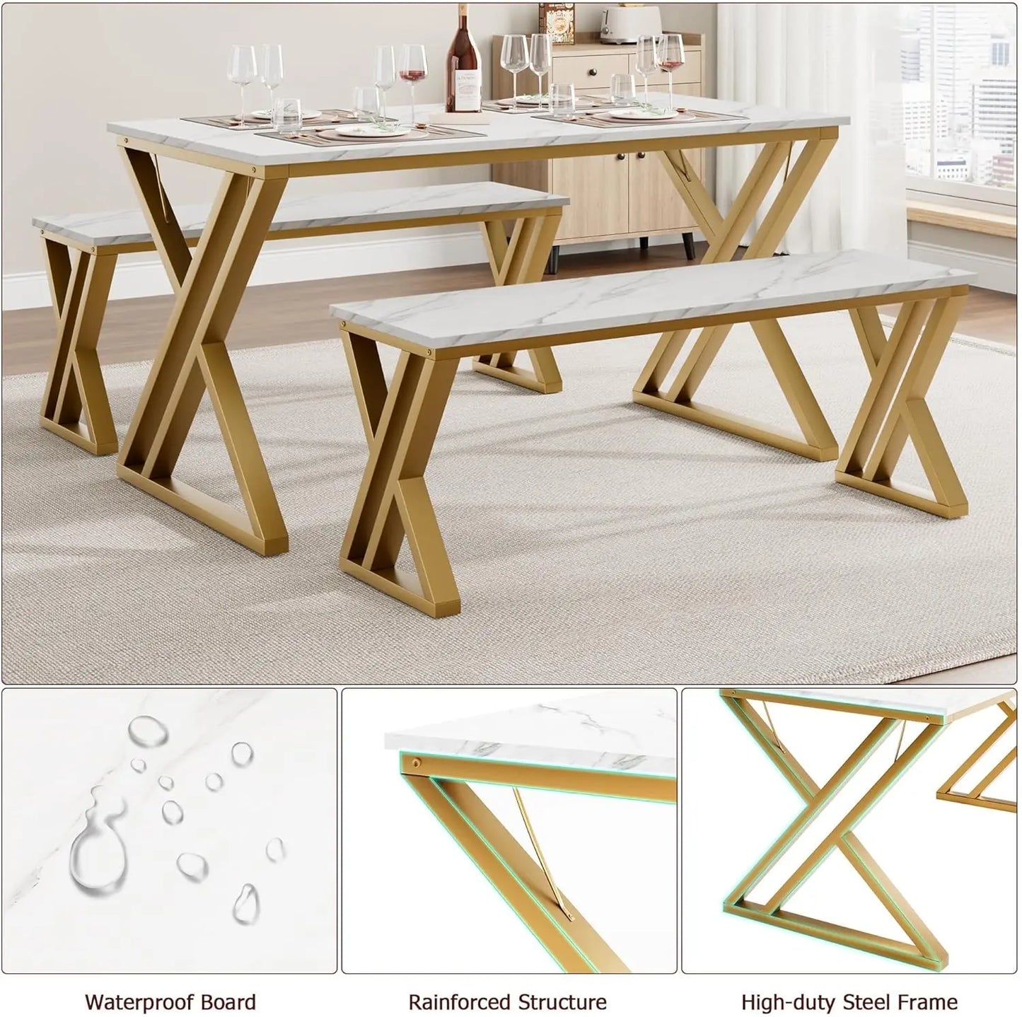 HobbyLane 4 Person Dining Table Set With Benches Metal Frame