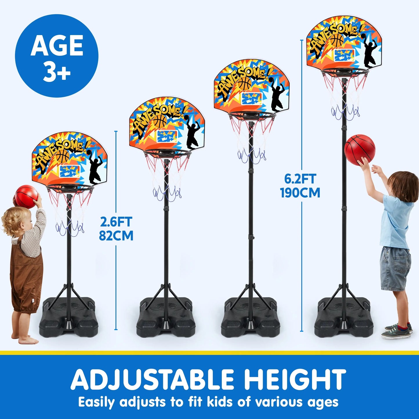 JOYFY 2.8-6.2 ft Adjustable Kids Basketball Hoop with 4 Balls Toddler Indoor Outdoor Basket Ball Game Set for Boys Girls