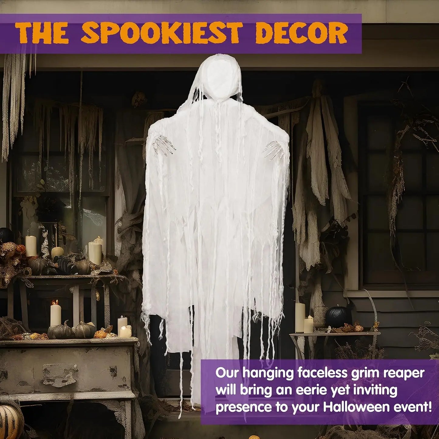 63” White Faceless Grim Reaper Halloween Hanging Ghost Decorations Outdoor in White Horror Robe for Halloween Tree Yard Party Outside Hanging Decorations Party Supplies