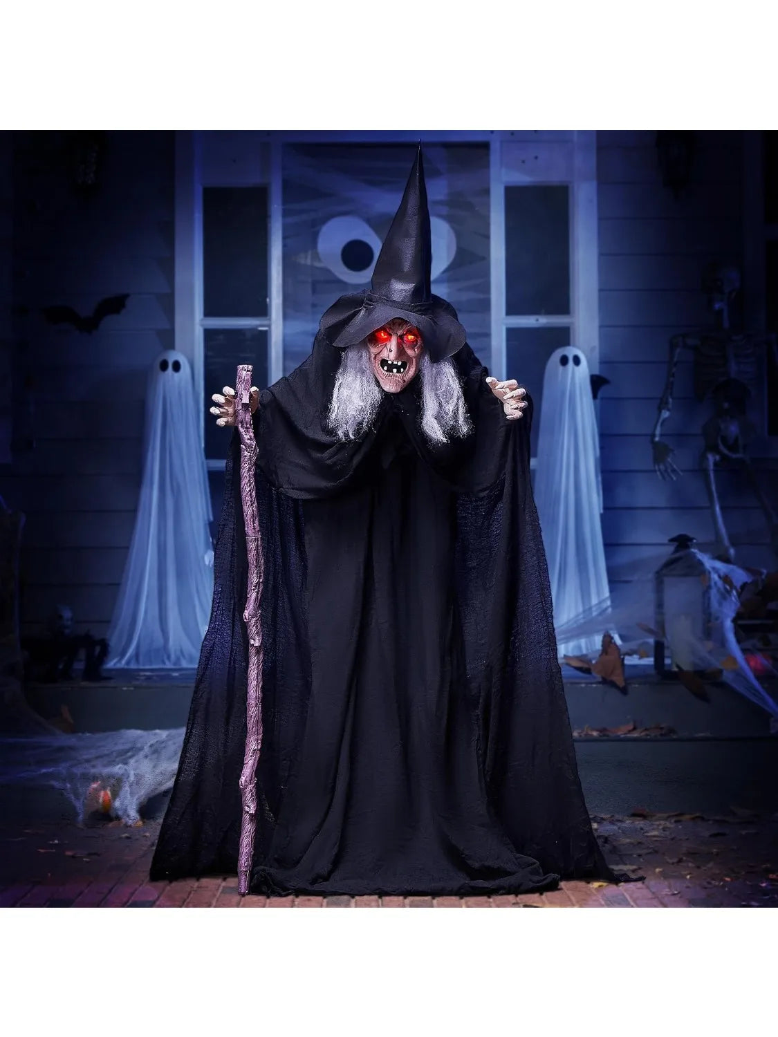 72" Animatronics Witch Outdoor Halloween Decorations with Cane Life Size Animated Ghost Haunted House Prop Décor with Creepy Sound and Light-up Eyes, Party Supplies