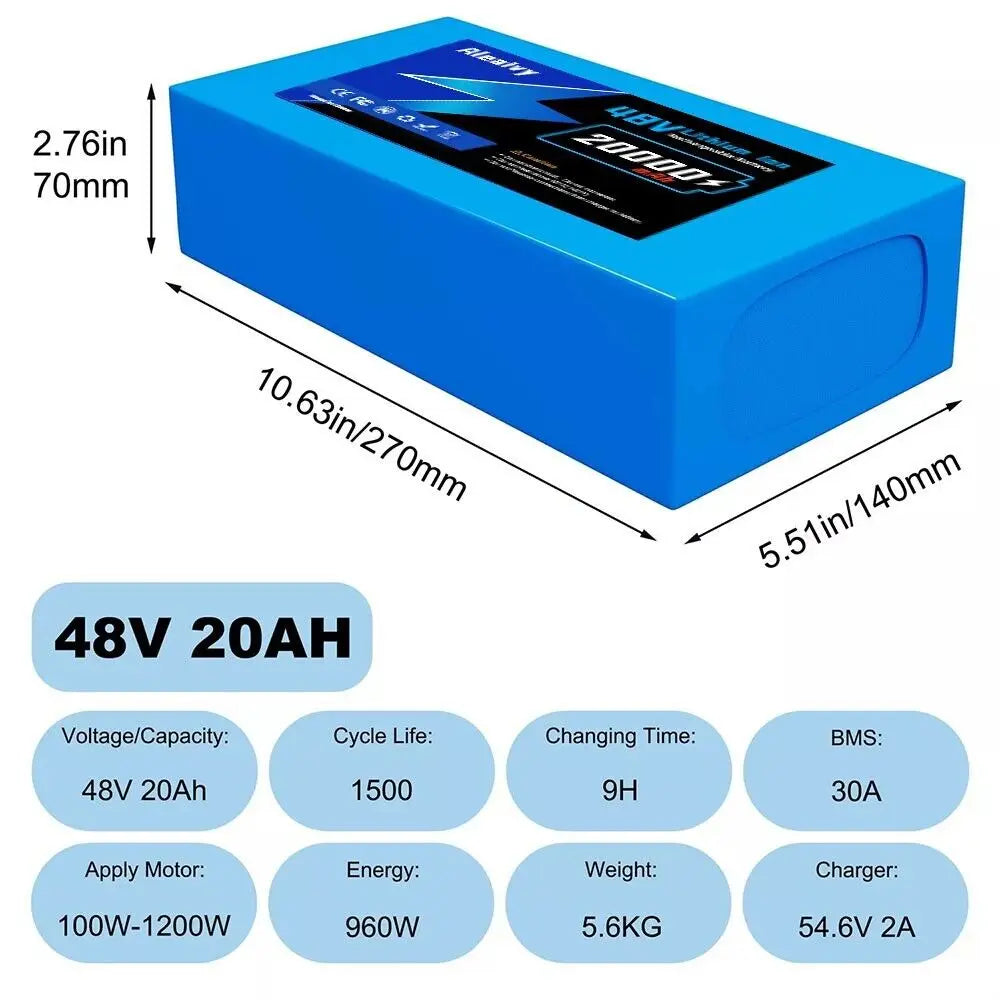 Aleaivy 36V 48V Li Ion Ebike Battery Pack 10Ah 14Ah 20Ah With Charger