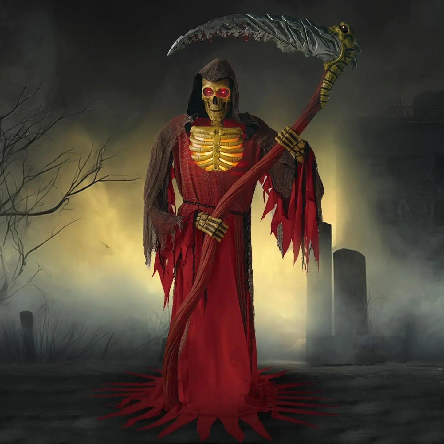 7Ft Animatronics Grim Reaper Halloween Decor Outdoor Animated Standing Skeleton Holding Giant Scythe with Light and Infrared Sensor Scary Ghost Decor for Indoor Lawn Haunted House