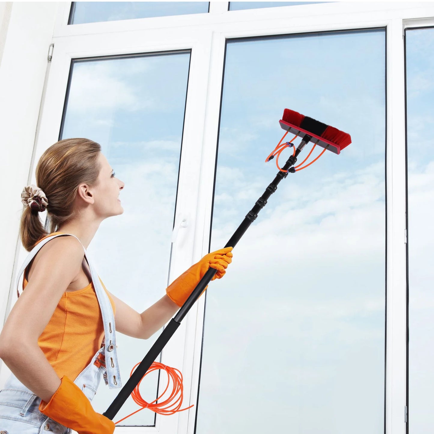 24ft Water Fed Pole Kit Aluminum Alloy Water Fed Brush Washing Tool with Hose for Window Glass Solar Panel Car Cleaing