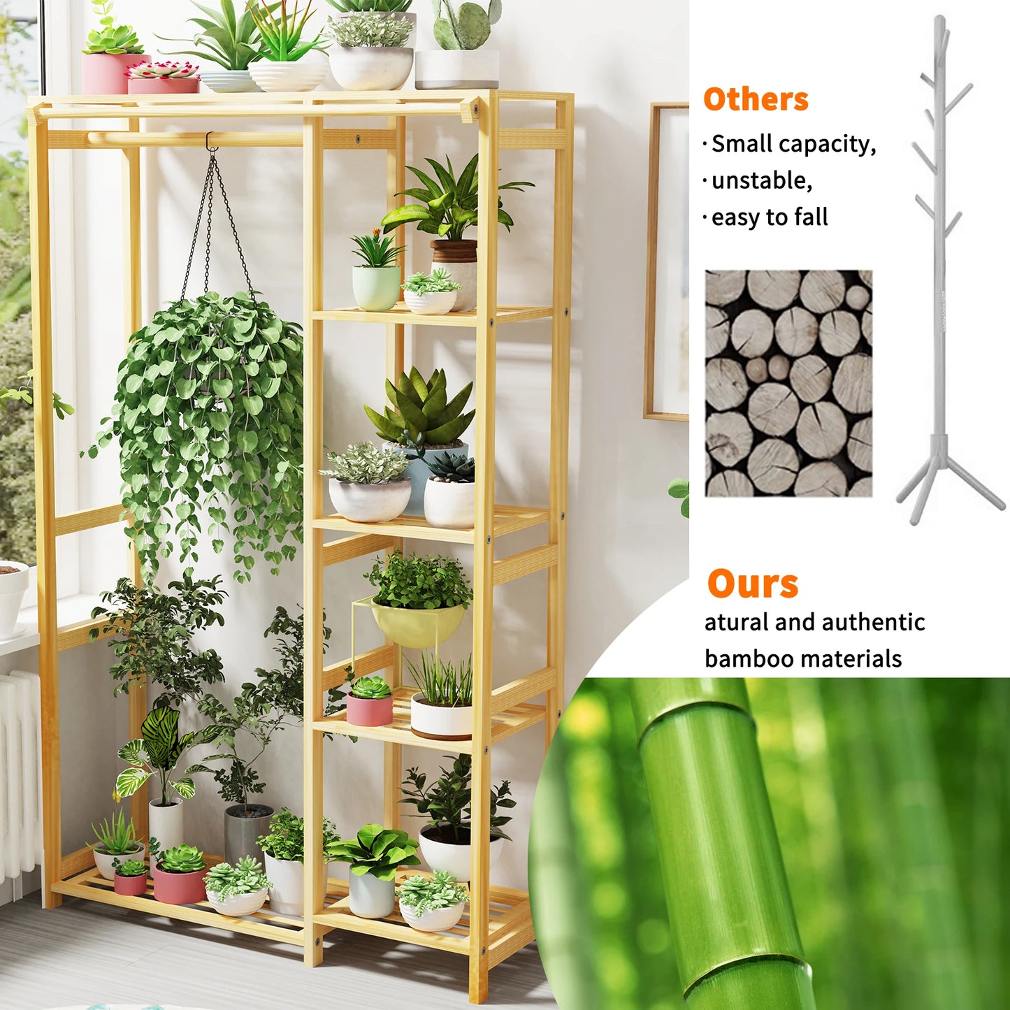 Bamboo Garment Rack 6 Tier Open Wardrobe Storage Organizer