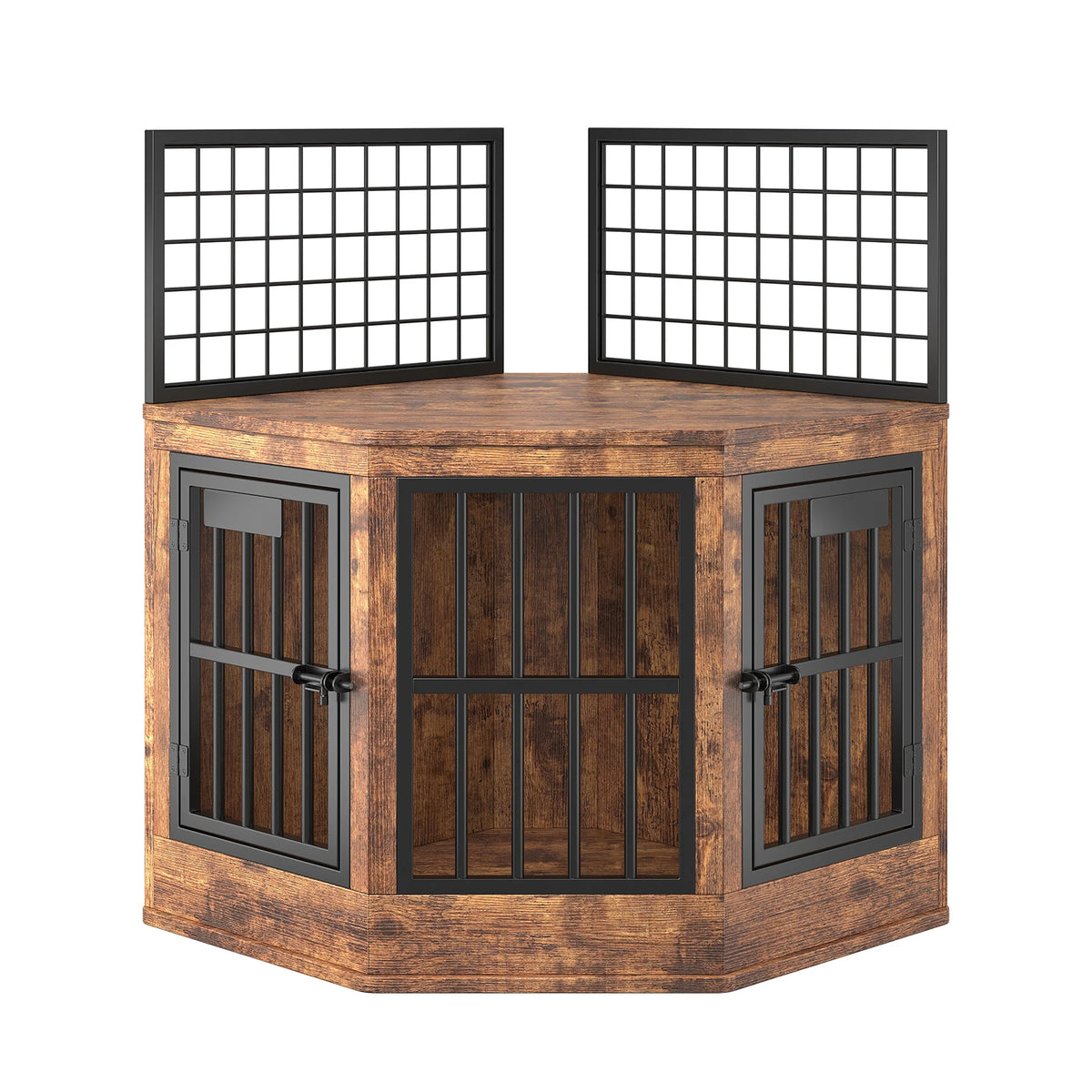 Wooden Corner Dog Crate Furniture Modern Indoor Dog Cage Decorative Pet House TV Stand for Medium and Large Sized Dogs Brown