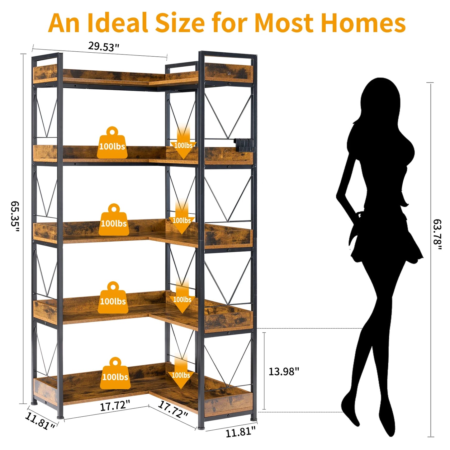 JHK L Shaped 5 Tier Corner Bookshelf 65 inch Bookcase with Hooks and Edge Industrial Pantry Shelves with Metal Frame Wooden Open Storage for Living Room Home Office