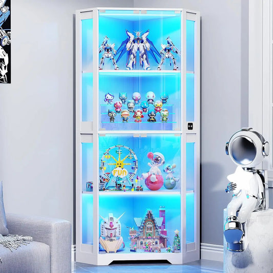 Corner Display Cabinet with Glass Doors, 65" Lighted Curio Display Case with 3 Color Lights for Collectibles, Books, 4-Tier
