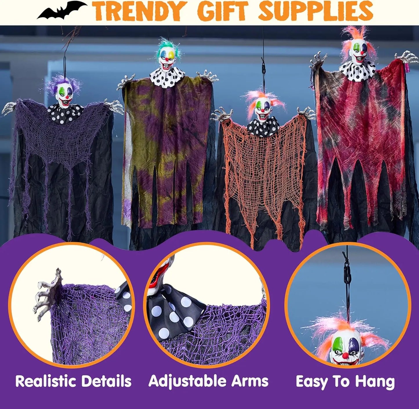 29 inch Tall Hanging Clown Halloween Decorations Outdoor Props Front Porch Party Supplies Garden Yard Lawn Scary Horror