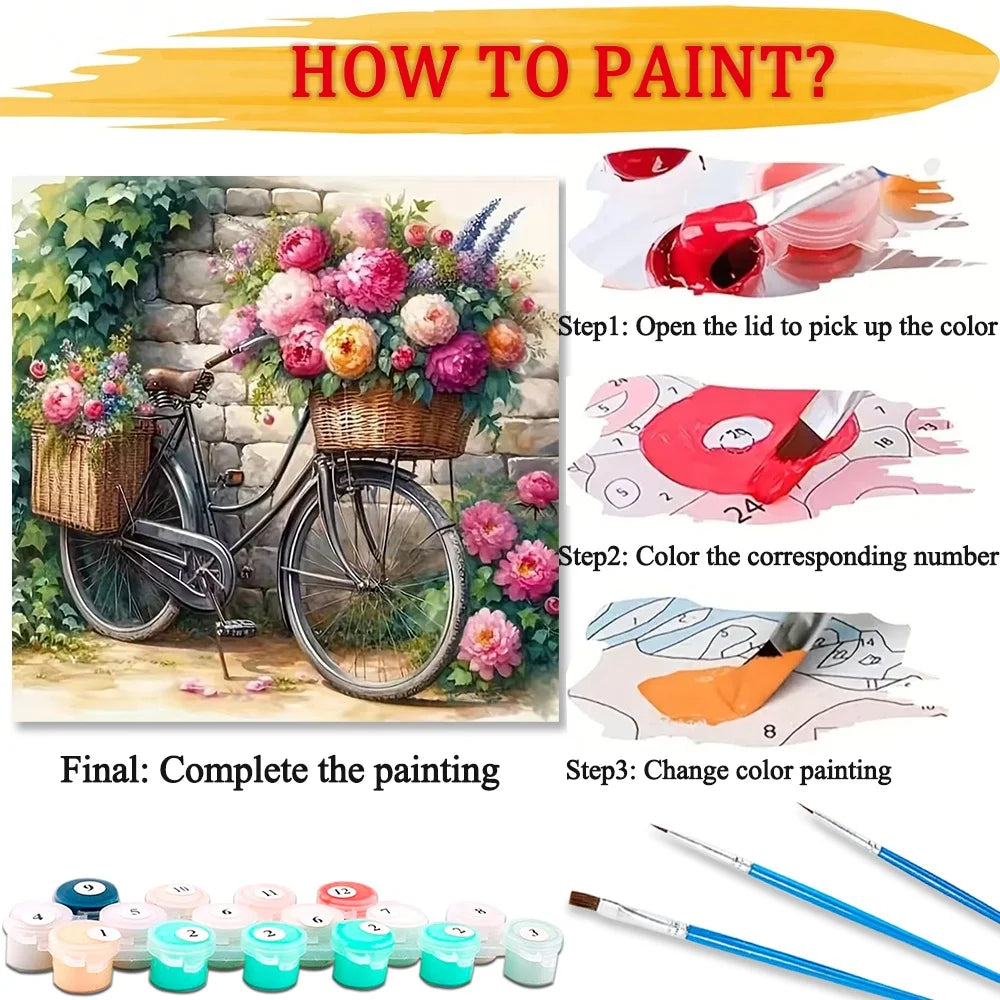 Diy Art Craft Kit Flower Bicycle Picture Paint By Numbers For Adult HandPainted On Canvas Valentines Gift Home Decor