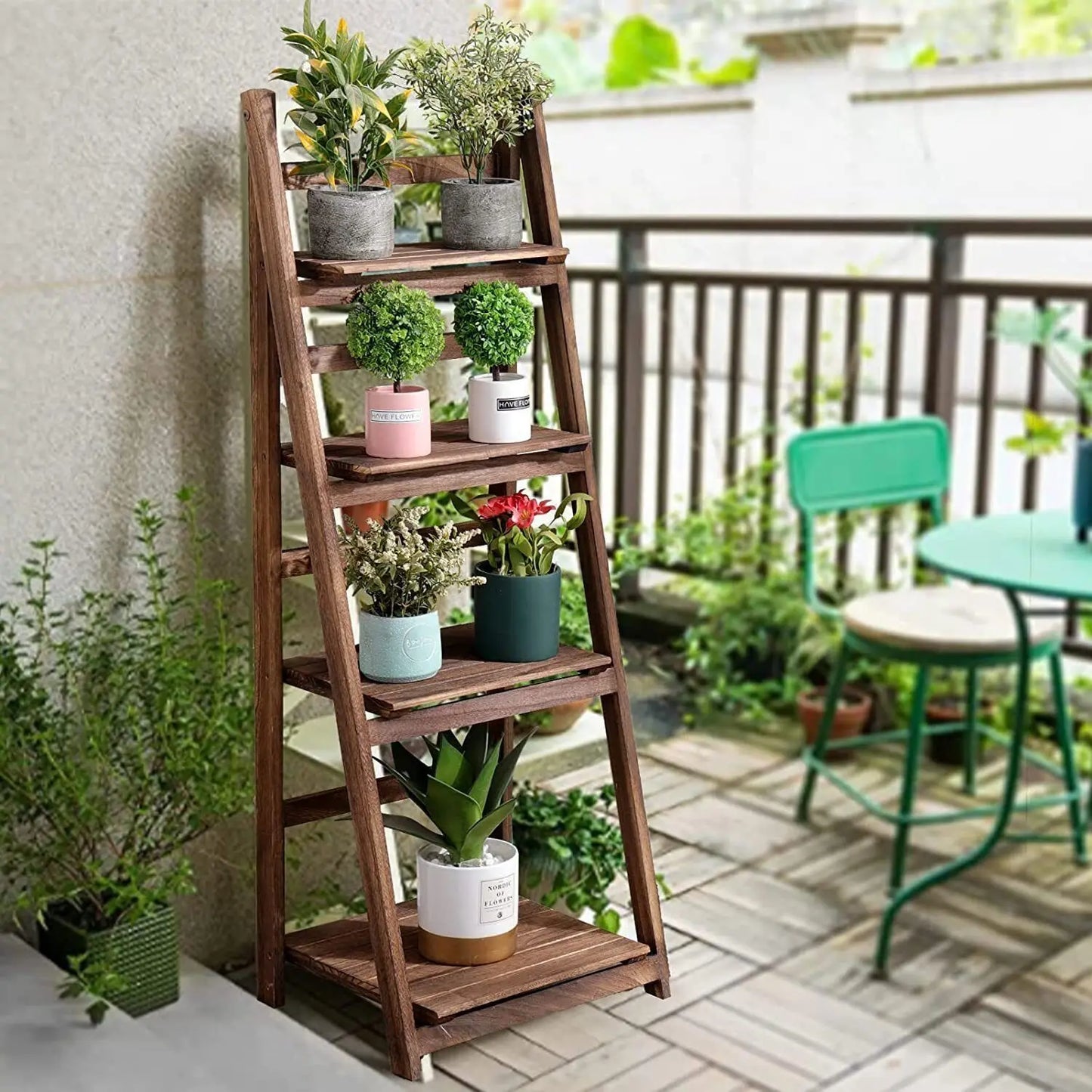 Folding Four Tier Ladder Shelf Wood Storage Rack For Plants