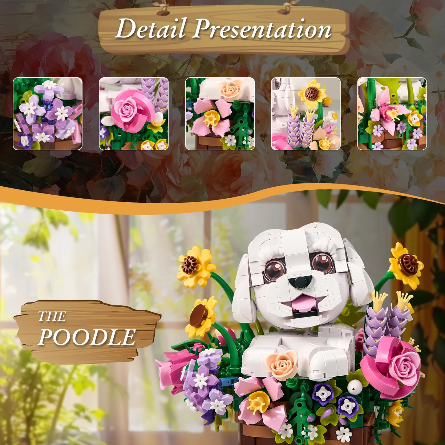 BuildMoc Adorable Dogs Bouquet Succulent Building Blocks Set for Kids