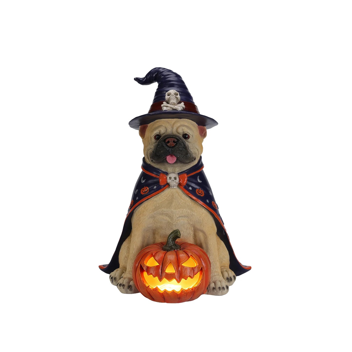 Halloween Bulldog Witch Statue, LED Light Up Jack-O-Lantern Pumpkin
