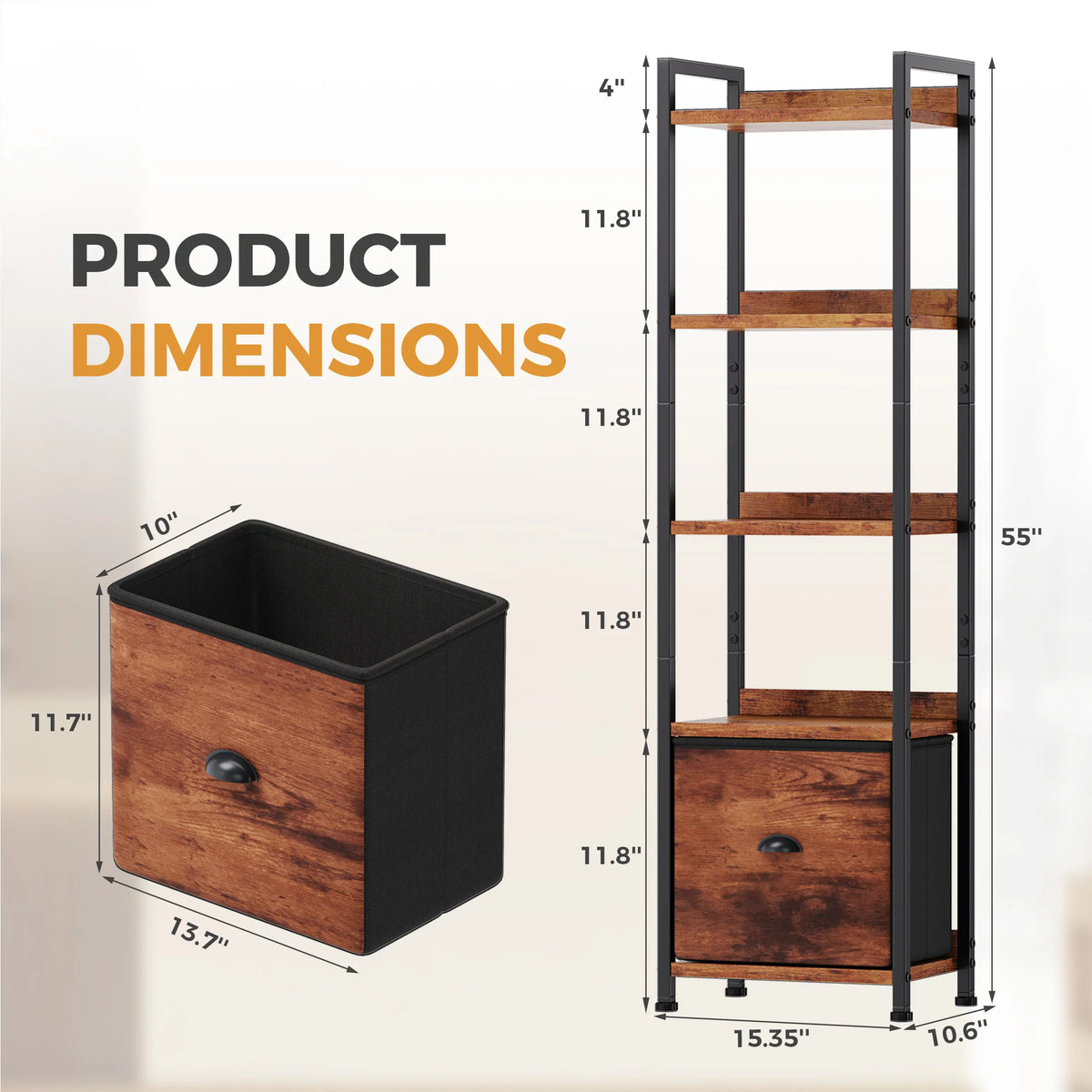 Metal Five Tier Freestanding Bookshelf With Fabric Storage Drawers