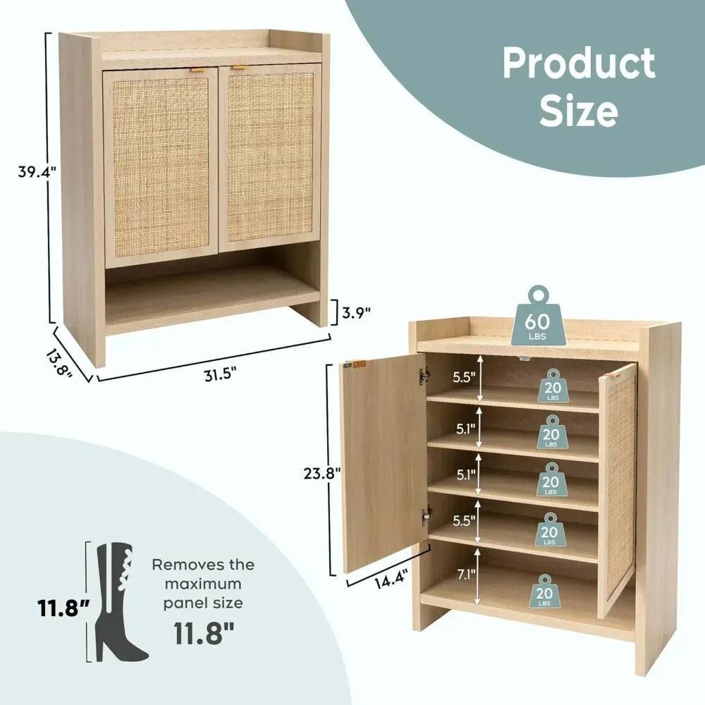 Natural Rattan Shoe Cabinet With Adjustable Shelves Boho Style Storage