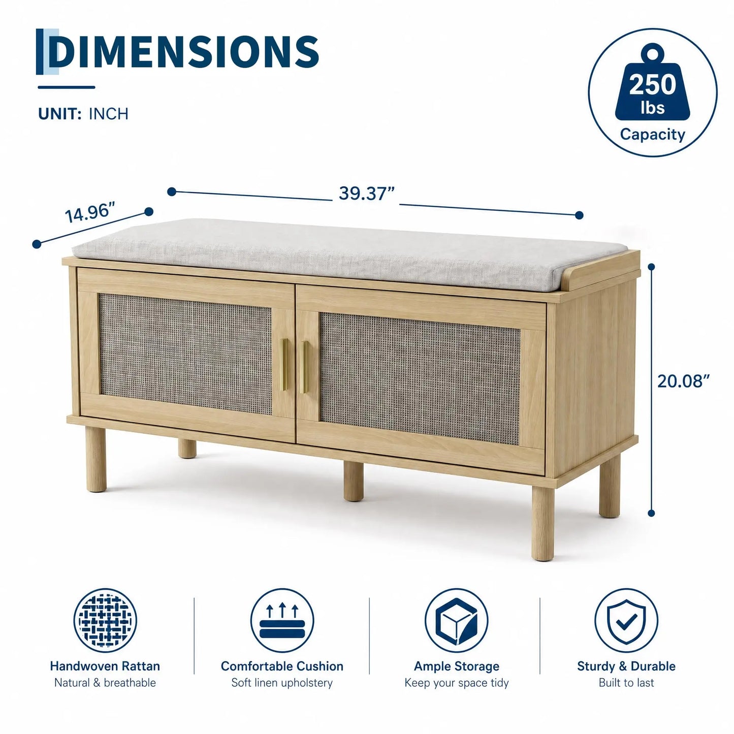 Rattan Shoe Storage Bench With Cushion, Adjustable Shelf Entryway Shoe Cabinet, Hidden Storage Organizer With Gold Handles For Hallway