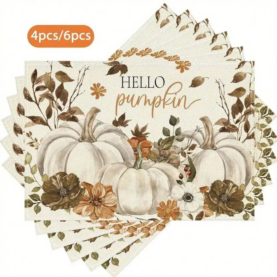 4pcs Hello Pumpkin Hand-Painted Flowers White Pumpkin Placemats 12x18 Inch Fall Thanksgiving Table Decorations For Kitchen Di