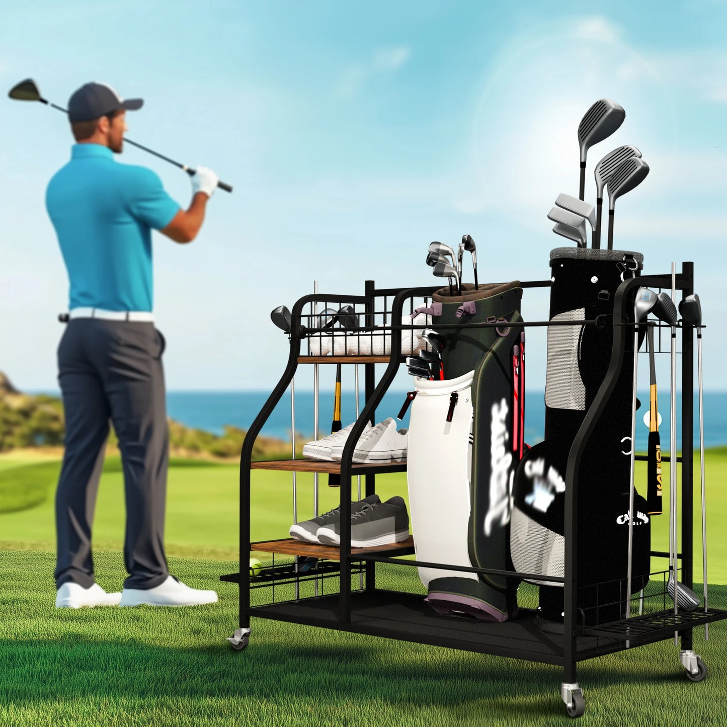 Metal Rolling Three Tier Golf Bag Storage Shelf Rack