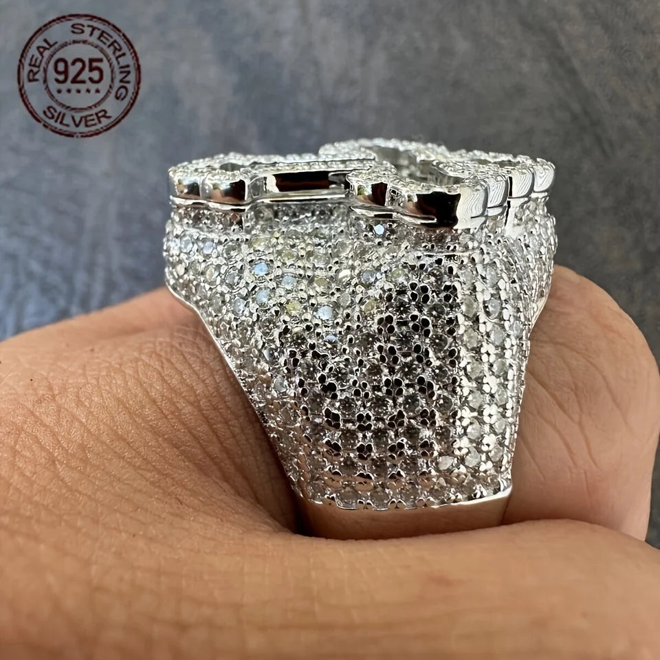 Fashion Design Brilliant 925 Silver Cross Rings For Men Shiny Zircon Inlay Iced Out Hip Hop Ring Vintage Rapper Jewelry