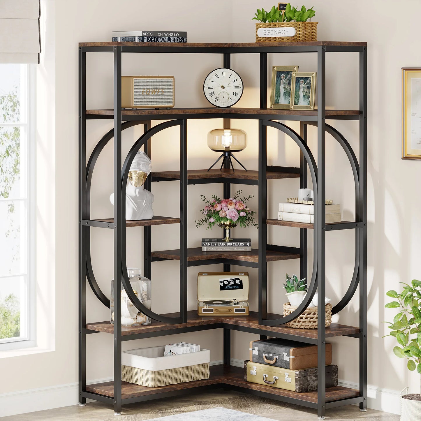 Little Tree 7 Shelf Corner Bookshelf Modern Tall L-Shaped Bookcase