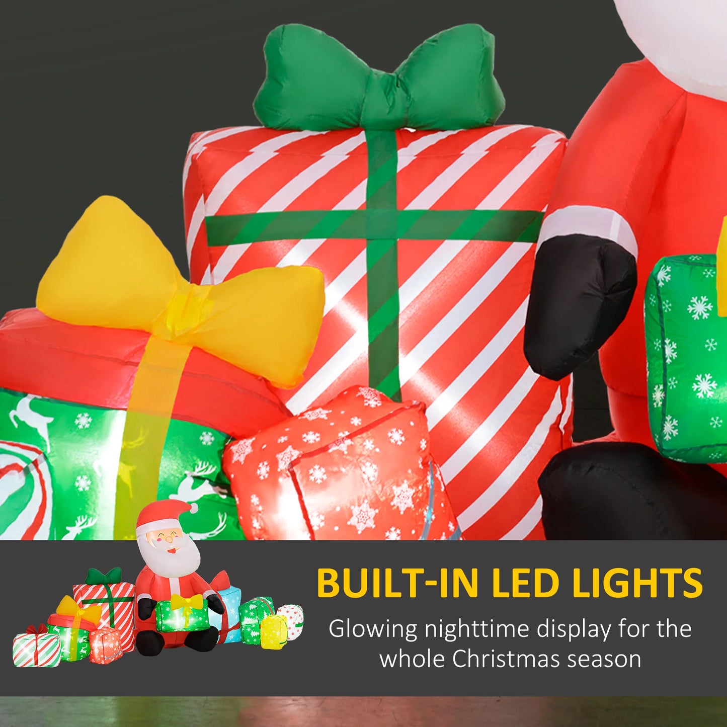 4.4' Christmas Inflatables Santa Claus and Gift Boxes with White LED Lights, Blow-Up Outdoor Christmas Decorations for Lawn Garden Party