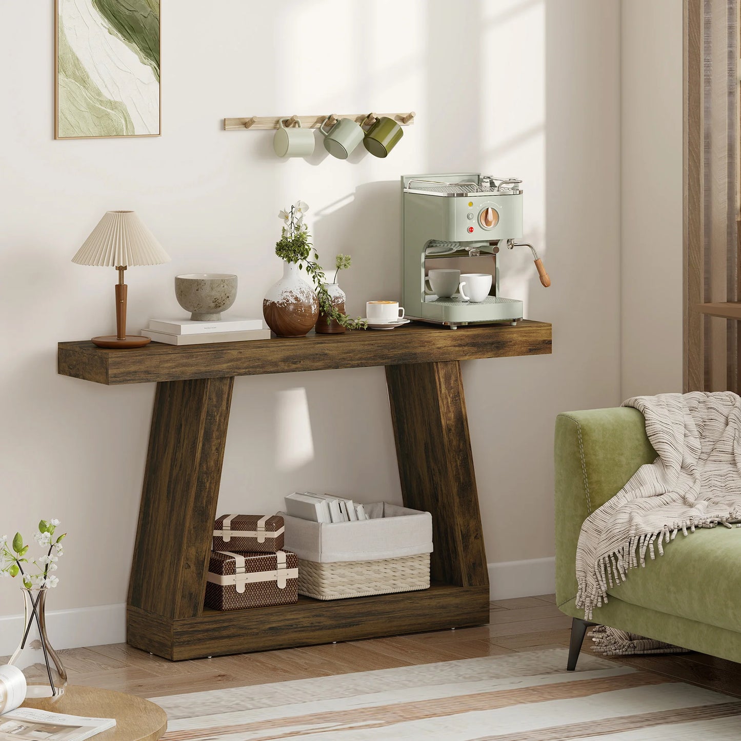 55.1" Narrow Entryway Table, 2-Tier Farmhouse Console Table with Thickened Tabletop, Storage Shelf and Trapezoidal Base for Behind Couch Sofa, Living Room, Hallway, Entrance, Rustic Brown
