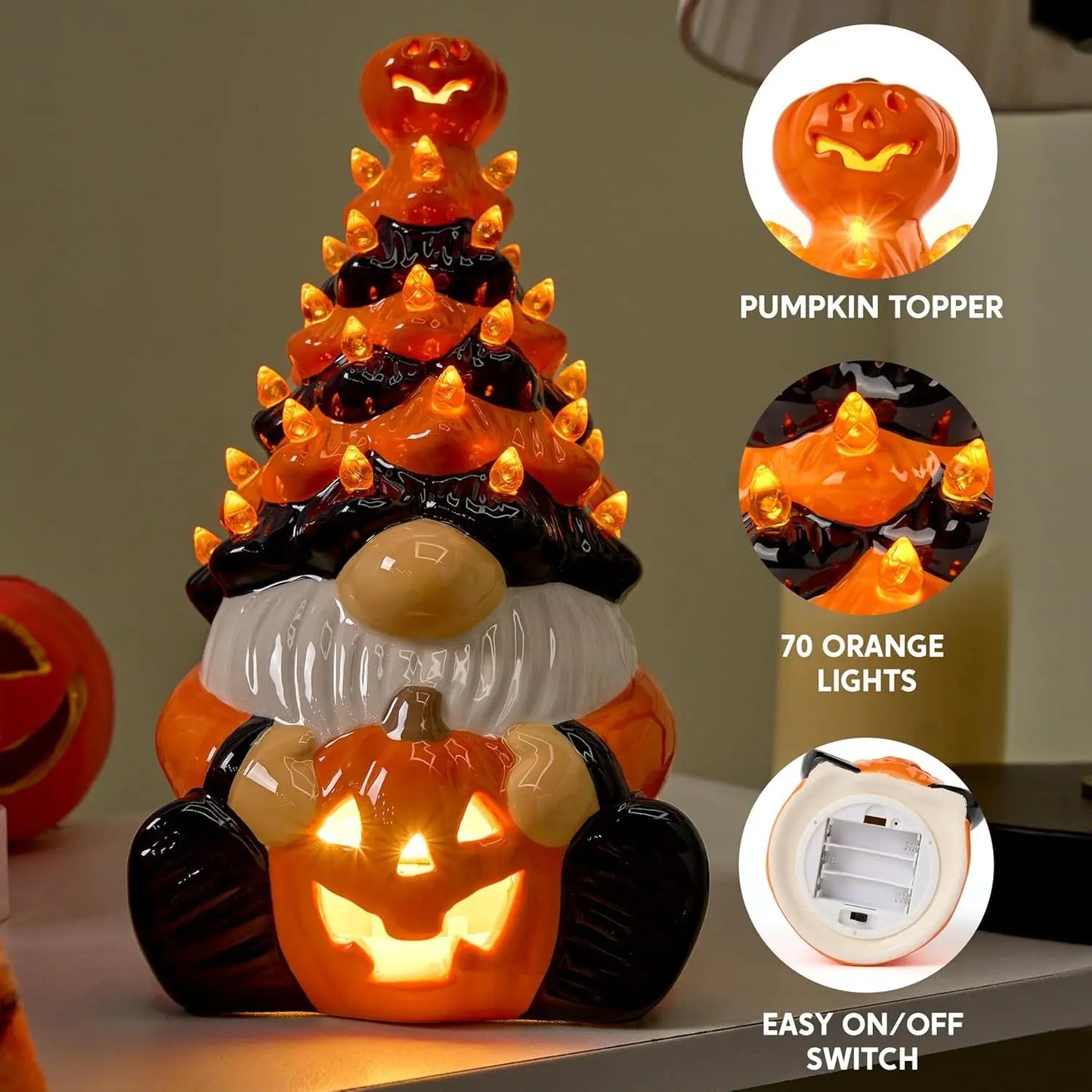 8.5 inch Tall Halloween Decoration Pumpkin Gnome Ceramic Tree with Build-in LEDs Tabletop Decor for Halloween Indoor Party Supplies Decoration, Battery Operated, Home Party Decors