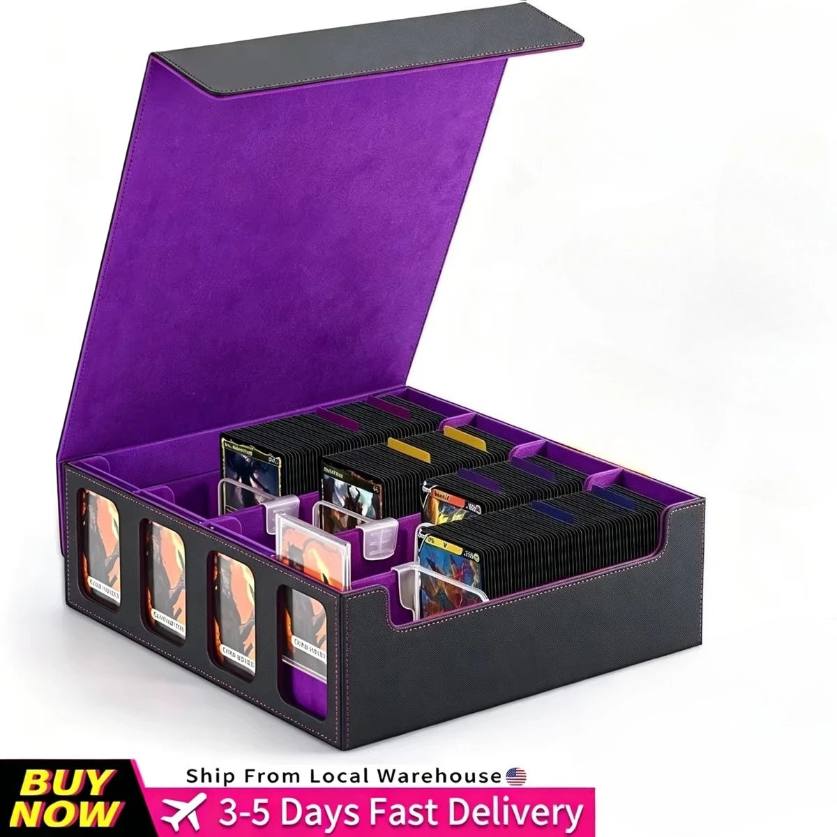 Ultra-Capacity 4-Row Trading MTG Card Storage Box with Display, Holds 3000+ Cards with Dividers & Card Holders, PU Leather Commander Deck Box for MTG, YuGiOh, TCG Deck Box, Sport Cards