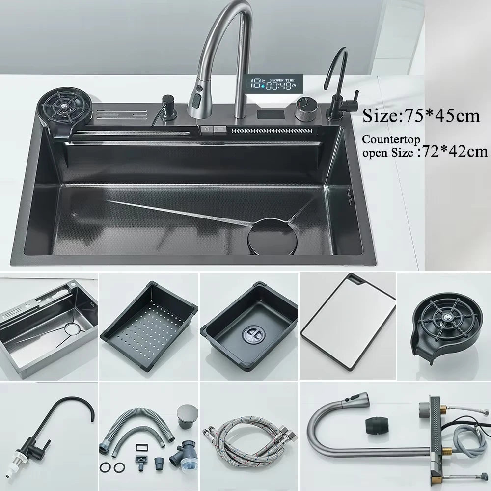 MYQualife 304 Stainless Steel Waterfall Kitchen Sink With Soap Dispenser