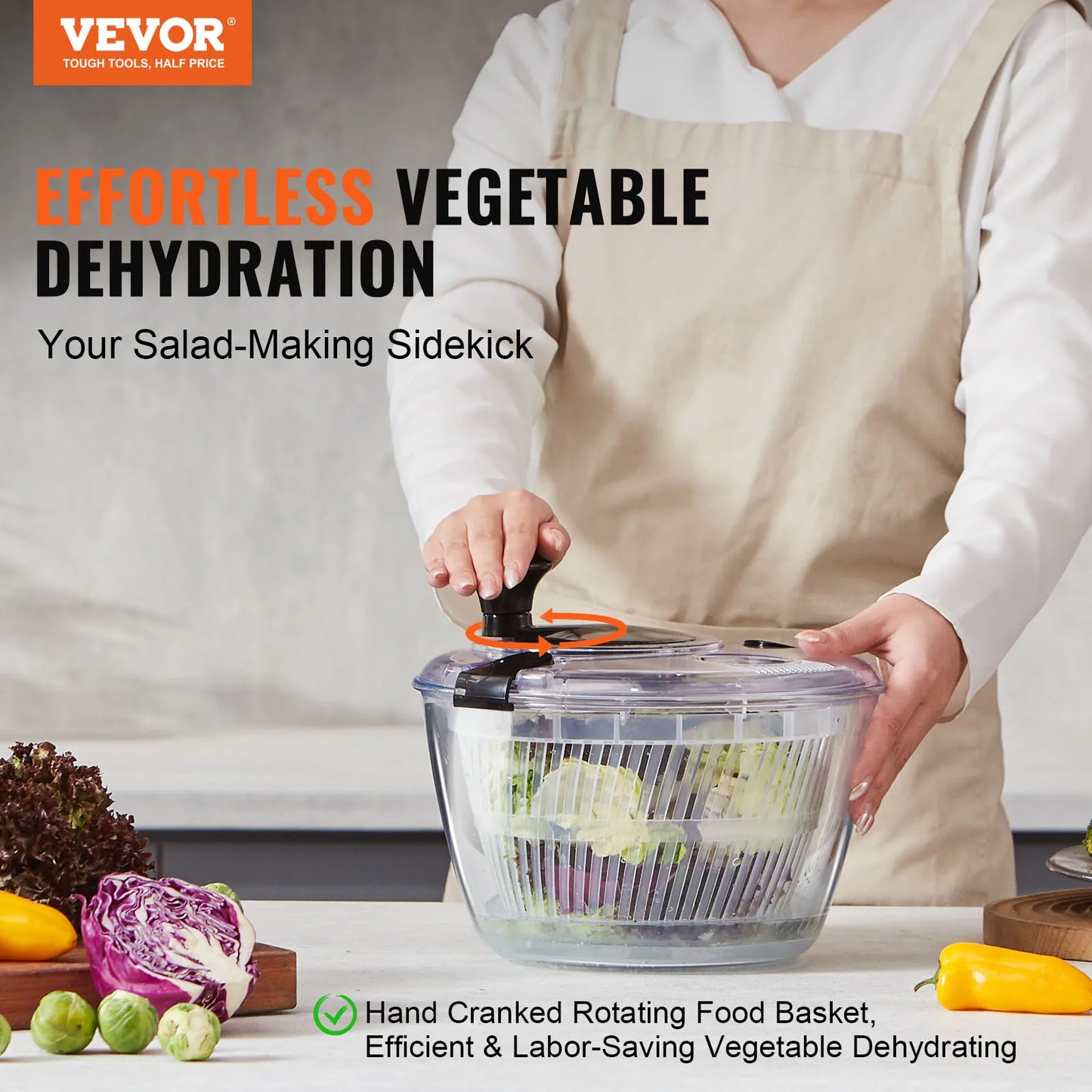 VEVOR Glass Salad Spinner One-Handed Easy Press Kitchen