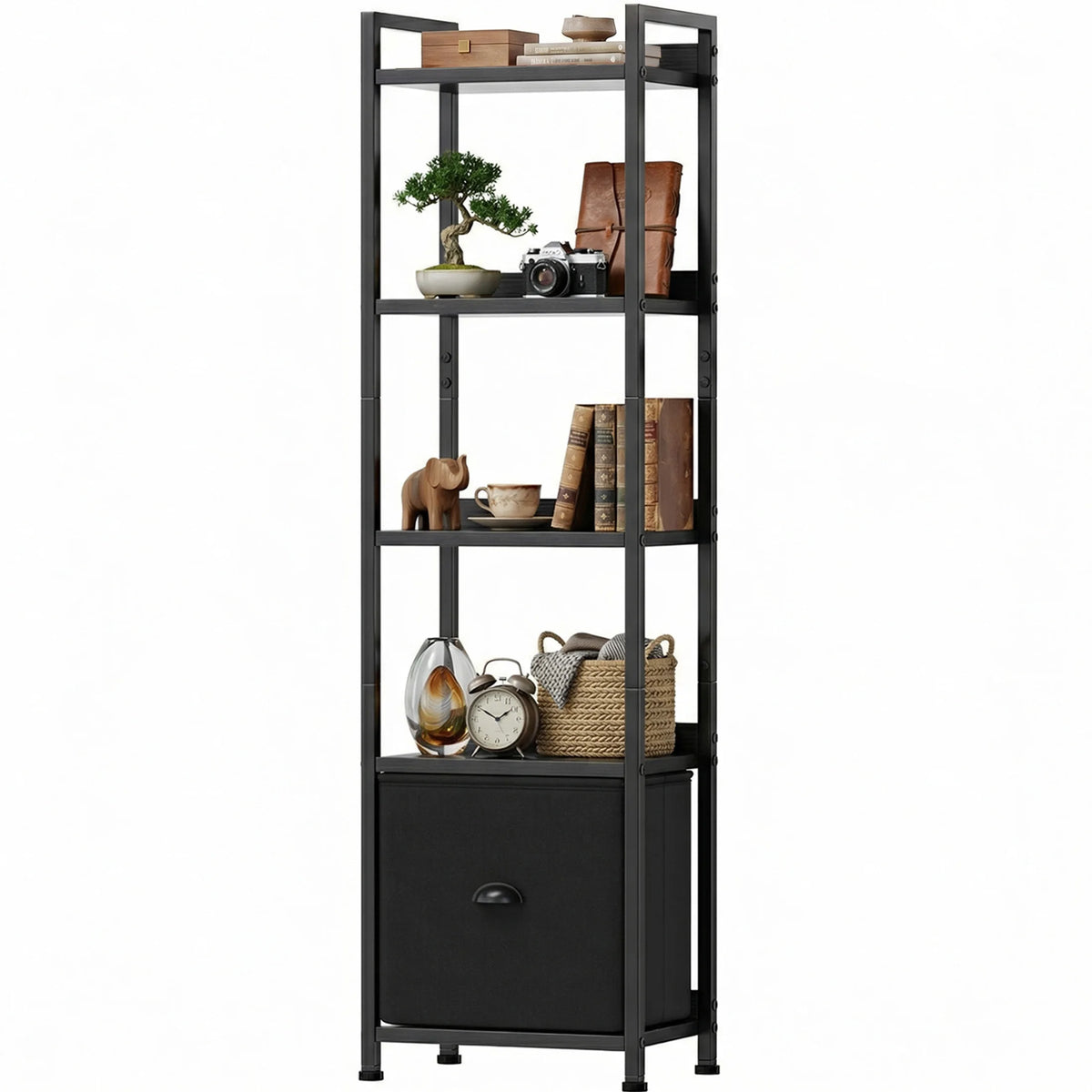 Metal Five Tier Freestanding Bookshelf With Fabric Storage Drawers