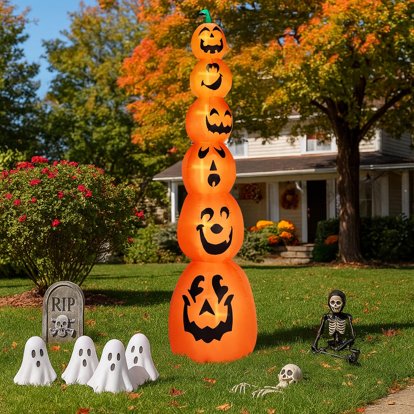 9FT Halloween Inflatable Stacked Pumpkins, Blow up 6 Pumpkins Inflatable with Built-in LED Lights Outdoor Decorations Large Party Yard Decoration