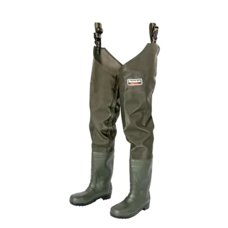 Shallow wading, bank fishing, outdoor water work: Granite PVC thigh waders heavy-duty reinforced PVC laminate, black, cleated s
