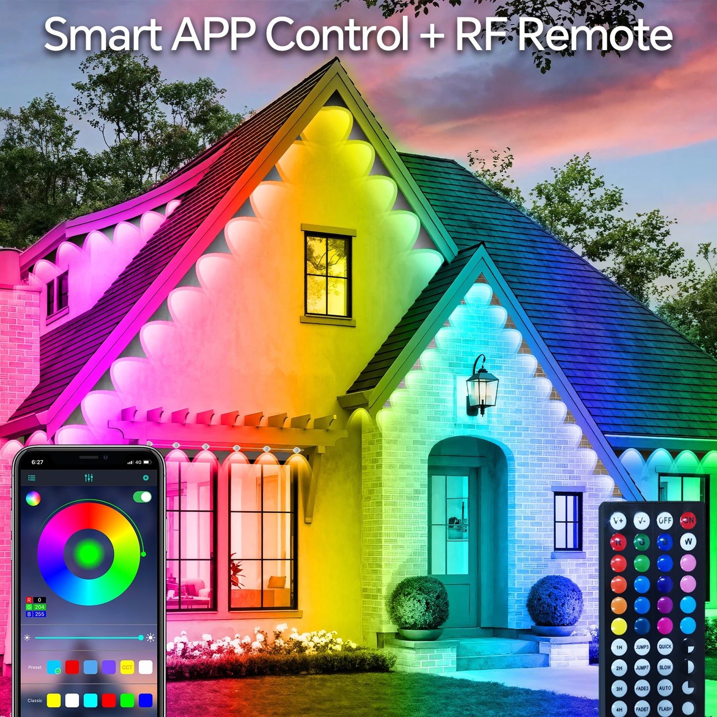 60M & 200FT Permanent Outdoor LED Eaves Lights RGB Waterproof Smart String Lights App Remote Control Color Changing Lamp for House Roof Garden Christmas Holiday Party Daily Accent Lighting