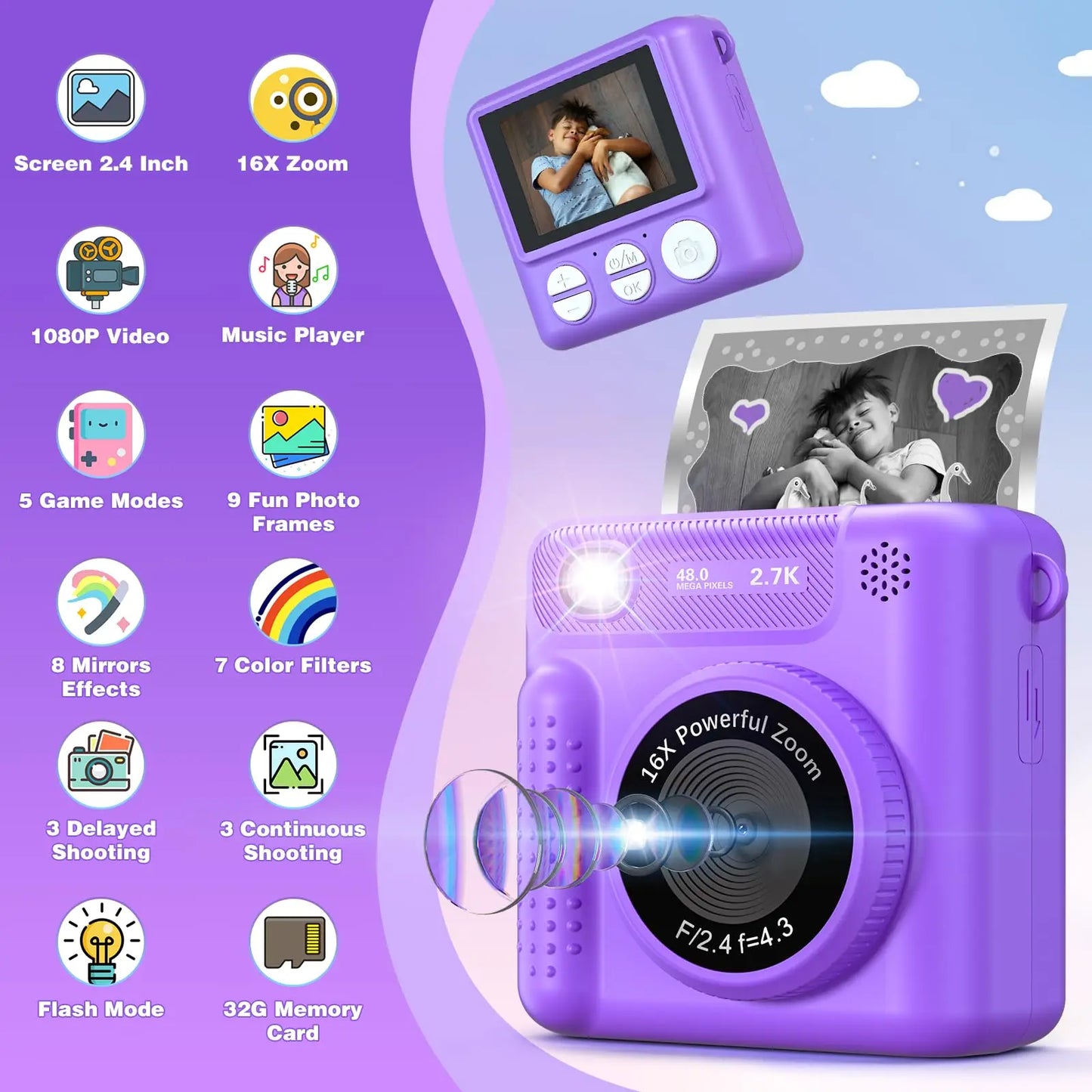 Kids Instant Print Camera Portable With Frame Paper