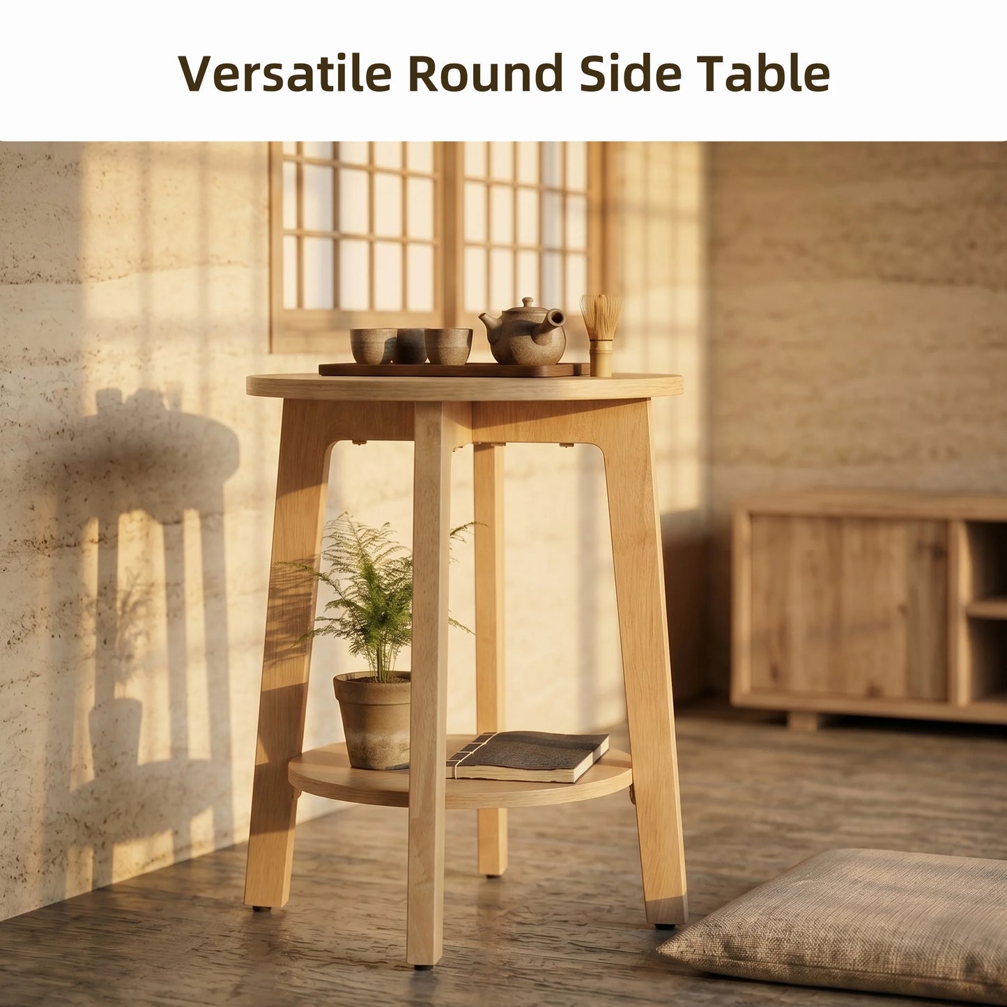 JHK Wood Round Side Tables Coffee Table For Living Room 2-Tier Center Counter with Storage Shelf Bedside Nightstand with Non-Slip Pads