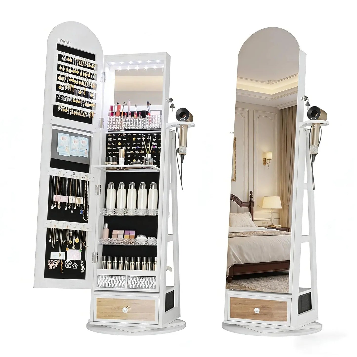 MOYU 360 Degree Swivel Arched Jewelry Mirror Cabinet with LED
