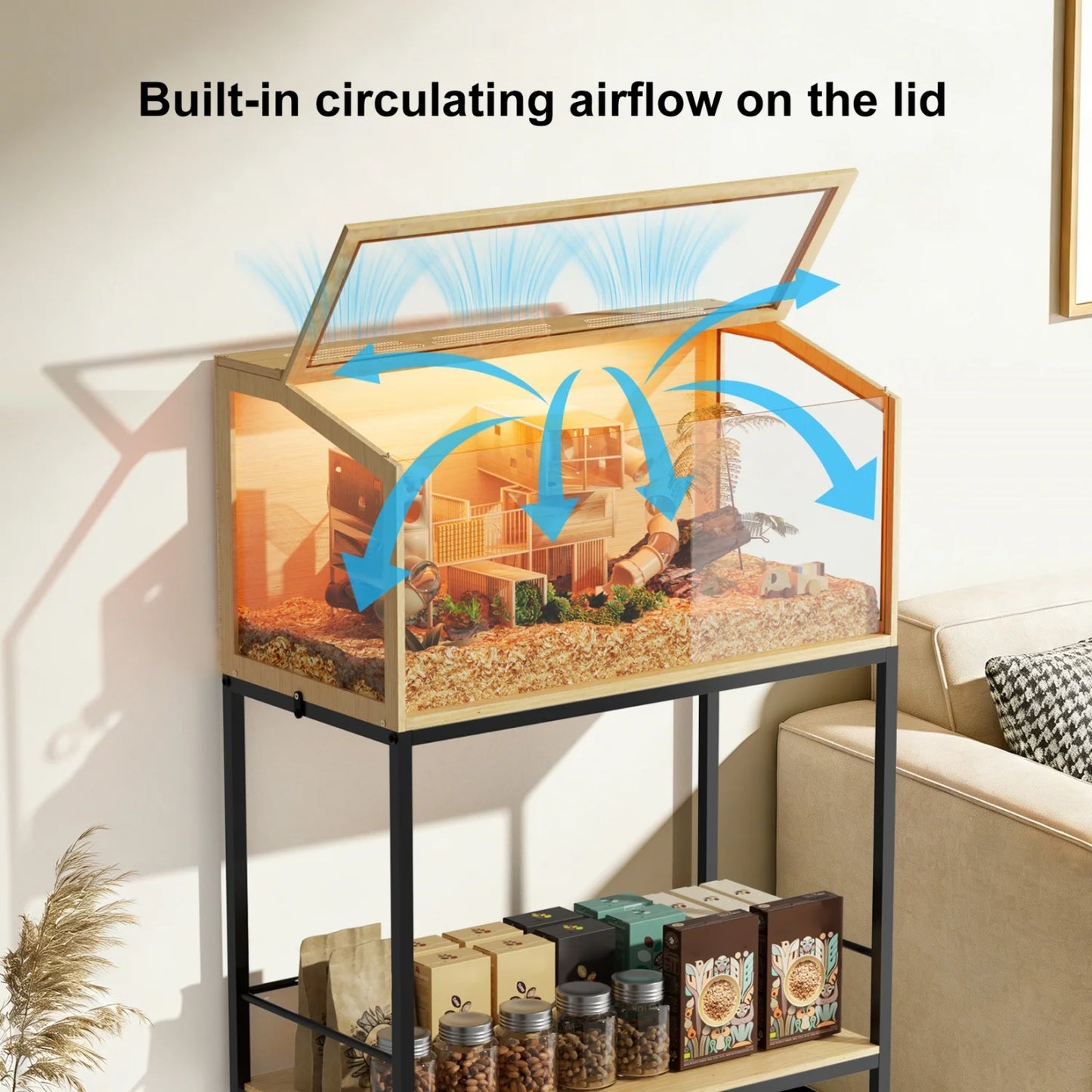Wooden Hamster Cage With Built In LED Habitat Glass Panels