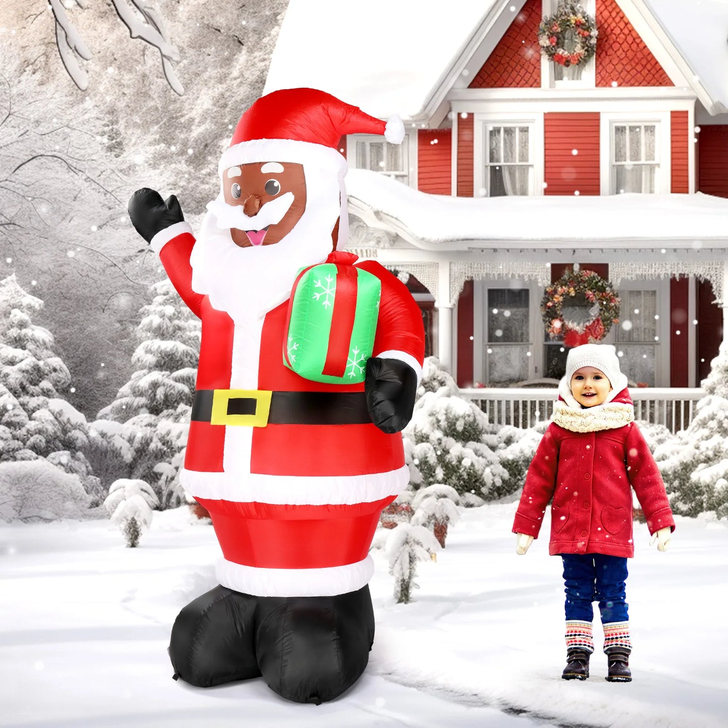 7FT Lighted Christmas Inflatable Black Santa Claus with Gift Box, Built-in LED Lights Blow Up Yard Decor for Outdoor Lawn Garden Holiday Party Decoration