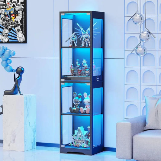 Glass Display Cabinet, 4-Tier Curio Cabinets with 3 Color Lights for Collectibles, Storage Cabinet with Door, Glass Display Case