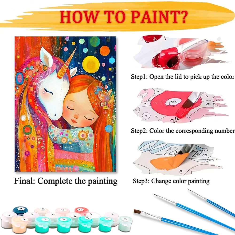 Cartoon Diy Art Paint By Numbers For Kids Unicorn and Girl Craft Kit HandPainted On Canvas Valentines Gift Home Decor