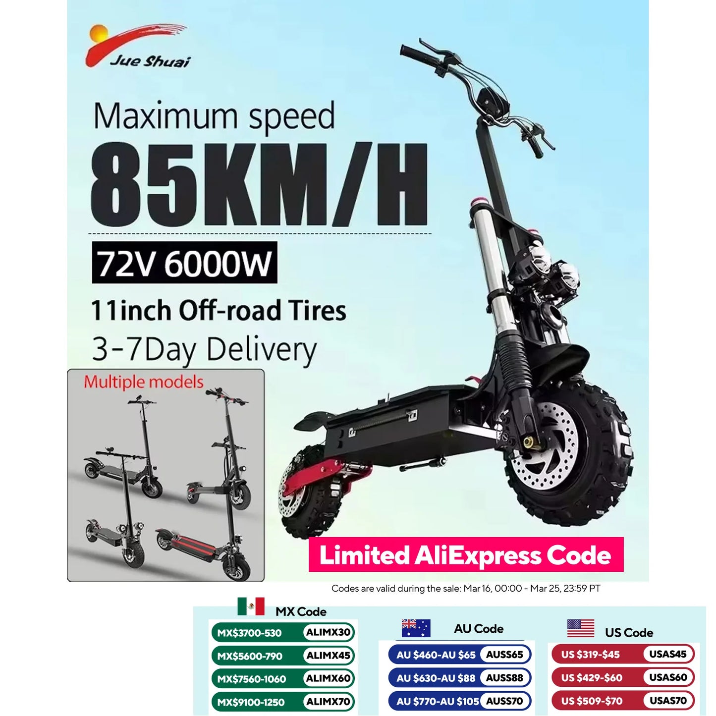 Jueshuai Outdoor Off Road Electric Scooter 48V 72V 1000W 6000W