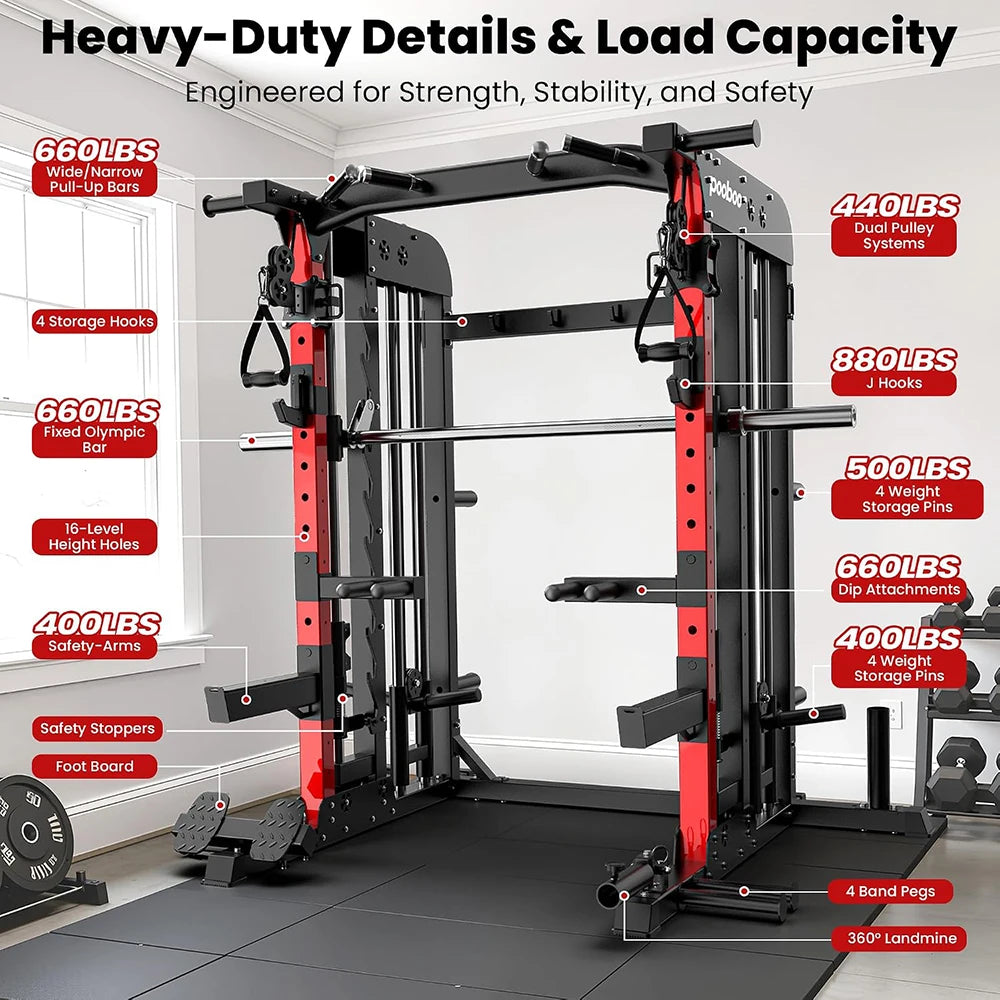 Pooboo Power Cage Smith Machine With Home Gym Cable System